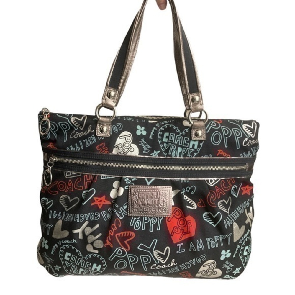 Coach blue poppy scribble hearts bag